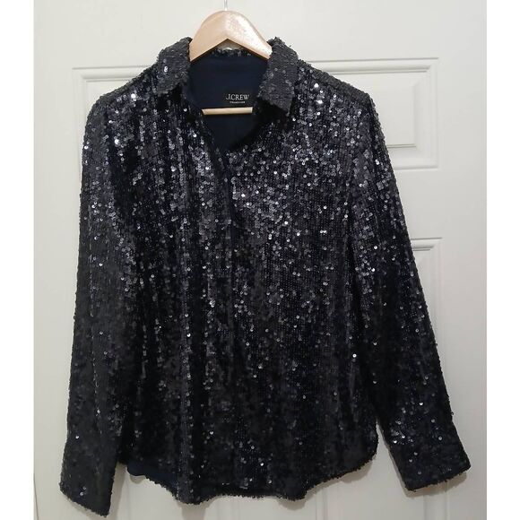 J crew collection womens large size 10 allover sequin blue label button shirt - Picture 2 of 9